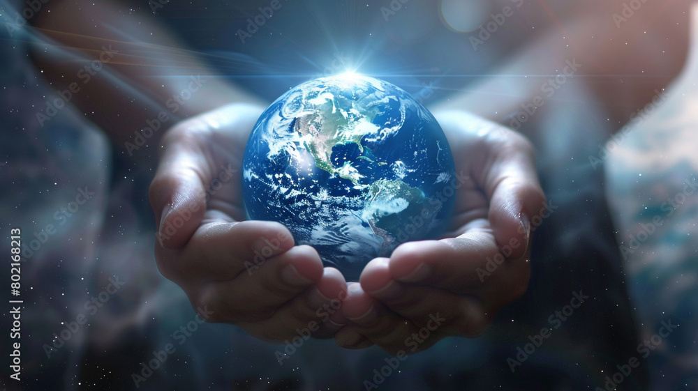 Hands holding planet Earth with light rays Hands holding planet Earth with light rays