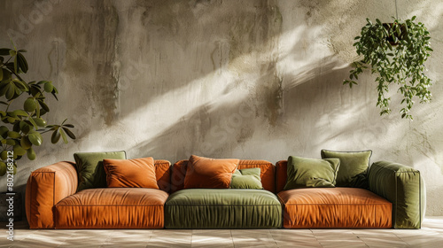 A large couch with green and orange pillows sits in front of a wall. The couch is the main focus of the image, and the green and orange pillows add a pop of color to the room. The room has a modern