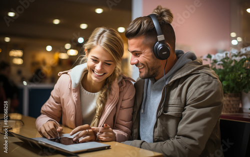 Man and woman sitting at table with tablet. Generative AI photo