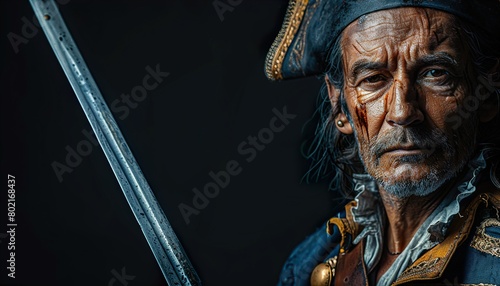Portrait of brutal horrendous man, medeival pirate in vintage costume holding sword isolated  photo