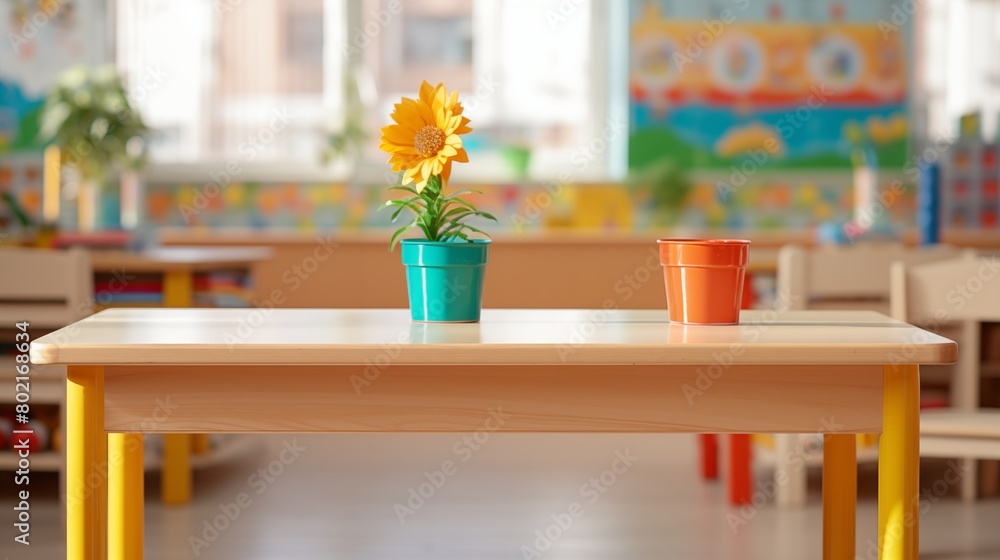 Bright sunflower in a blue pot adds a pop of color to a classroom environment. Bright sunflower in a blue pot adds a pop of color to a classroom environment.