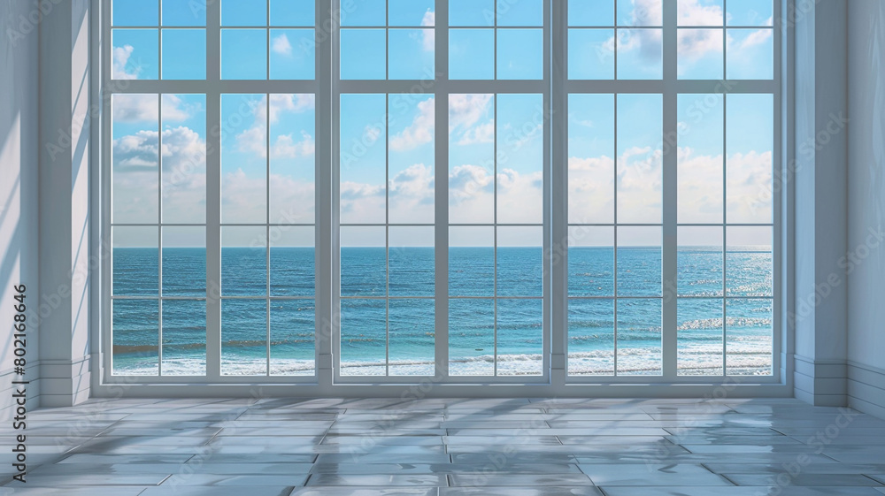 living room with large window overlooking the sea