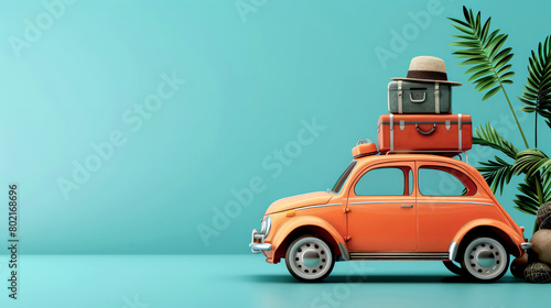 Vintage car with luggage travel for summer vacation concept, banner with copy space for text.