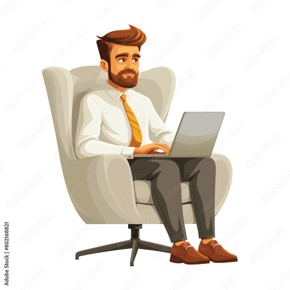A man is sitting in an armchair with a laptop, a flat illustration isolated on a white background A man is sitting in an armchair with a laptop, a flat illustration isolated on a white background