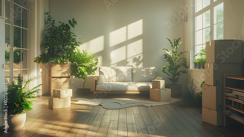 an empty room with cardboard boxes  a sofa  and green plants  representing the scene of moving into a new house or apartment. 