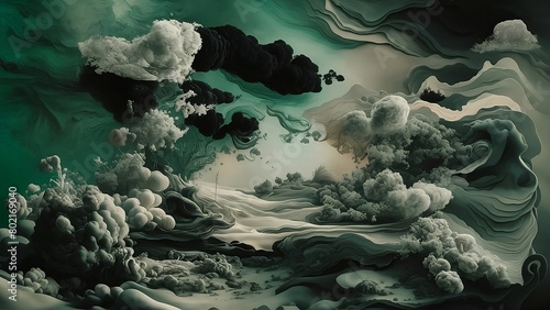 Abstract background with a mix of French Surrealism and British Romanticism  green  black and grey colors.