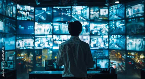 Amidst the vibrant cityscape, the security officer maintained a constant vigil in the high-tech control room.