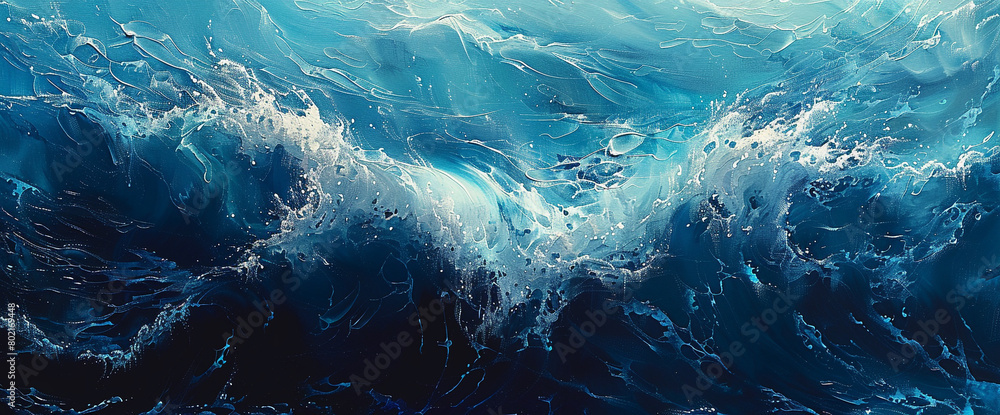 Generate an artwork portraying the mesmerizing dance of ocean waves, with hues blending seamlessly from azure to deep navy, evoking a sense of harmony and movement.