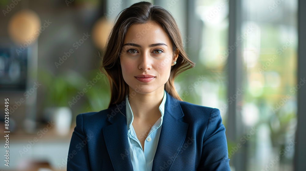Portrait of a beautiful business woman wearing a blue suit standing in an office Portrait of a beautiful business woman wearing a blue suit standing in an office