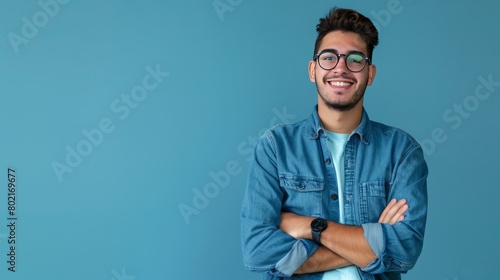 Young hispanic man wearing blue shirt and glasses, looking at camera with positive confident smile, holding arms crossed, isolated on blue background