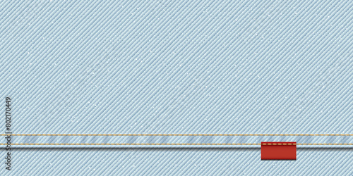 Denim blue jean textile faded condition pattern background with gold seams, crease and tag vector illustration.