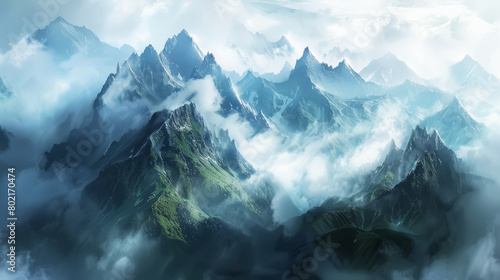 Tranquil green mountains peek through clouds and mist, highlighting the lush, rugged terrain