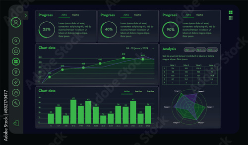 A set of high-tech interface components. Electronic panel display displays abstract graphics and information from vector graphics, infographics and other elements.