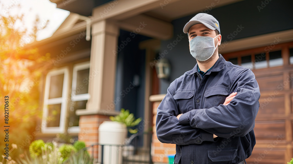 A delivery worker in a protective mask stands confidently in front of a residential area, representing the new safety standards in delivery services during health concerns. A delivery worker in a protective mask stands confidently in front of a residential area, representing the new safety standards in delivery services during health concerns.