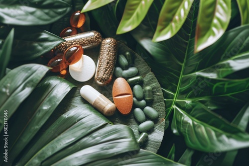 Natural Medicine. Herbal capsules arranged on a wooden table beside fresh leaves. emphasizing the concept of natural health products for holistic wellness. highlighting herbal medicine's role in well- photo
