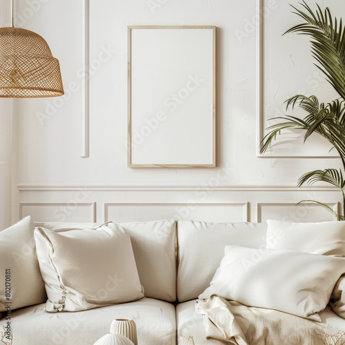 A white couch with pillows and a lampshade above it. The couch is empty and the room is very clean and simple photo