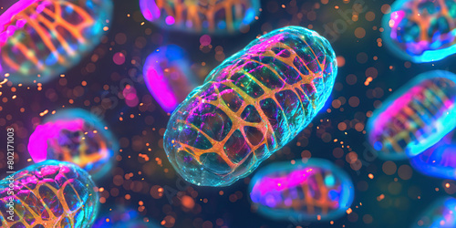 Detailed 3D illustration of mitochondria within a human cell, highlighting the concept of cellular energy and metabolism. photo