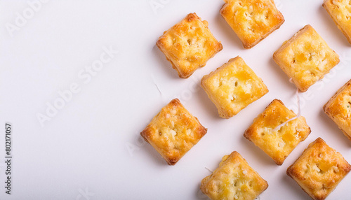 Freshly baked cheese crackers on white table. Tasty food. Delicious snack. Baked goods. Top view.