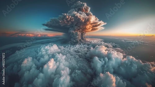 A large mushroom cloud billows into the sky. photo