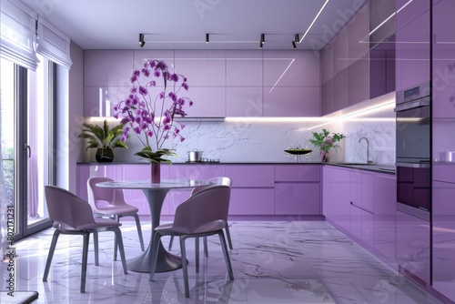 Modern Lavender Kitchen with Marble Accents and Orchids