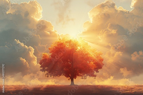 Tree in the sky with sun rays,   render illustration #802171292