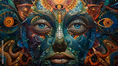 Vibrant and detailed portrait evokes profound spiritual experience with intricate psychedelic patterns. Concept Psychedelic Portraits, Vibrant Colors, Detailed Patterns, Spiritual Experience