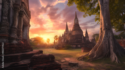 The ancient ruins of Wat Phra Si Sanphet, Wat Phra Si Sanphet Temple in Ayutthaya, Thailand, Generative Ai 