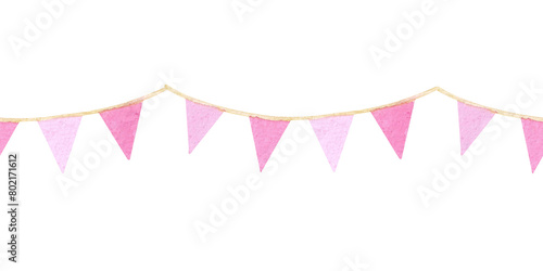 Watercolor seamless border with a garland of pink flags. Hand drawn border isolated on white background. Design of greeting cards, party decoration, invitations, birthday. Cute girly style