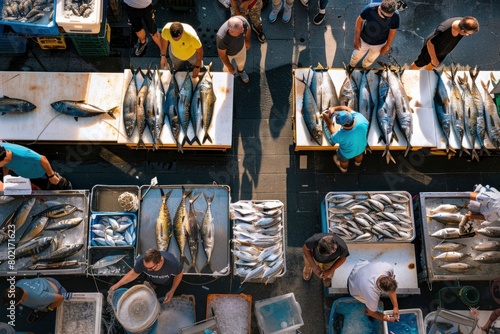 Bustling Fish Market Scene with Fresh Seafood and Local Shoppers