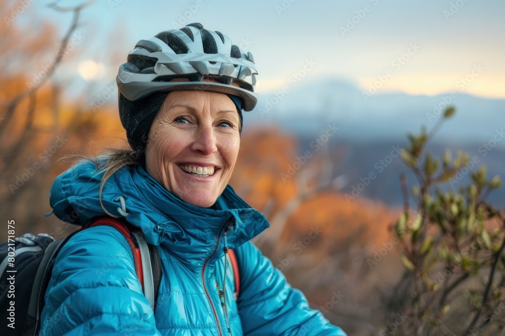 Happy Mature Female Cyclist Enjoying Autumn Scenery with Helmet On Happy Mature Female Cyclist Enjoying Autumn Scenery with Helmet On