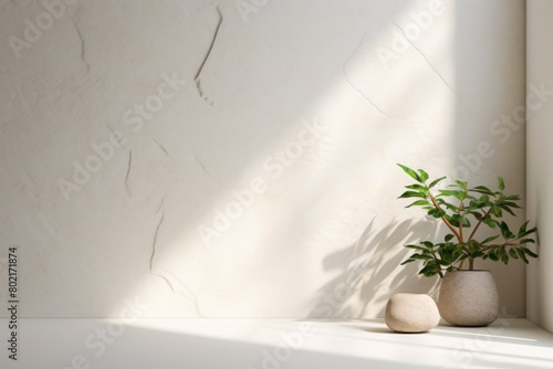 White minimalistic abstract empty stone wall mockup background for product presentation. Neutral industrial interior with light, plants, and shadow