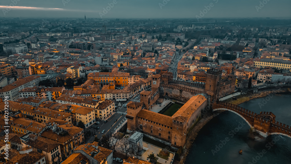 Fototapeta premium Scaliger Bridge Aerial view. Verona, Italy
