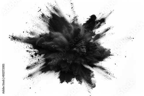 Dynamic and vivid explosion of black chalk, prominently isolated on white