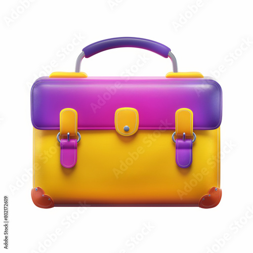 A 3D rendering of a yellow and purple briefcase with a handle and two buckles, clip art 3d, isolated white background.