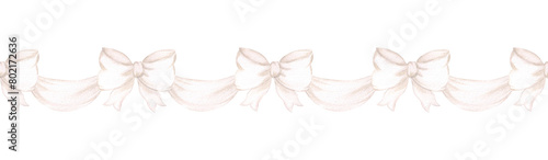 Watercolor seamless border with white bows. Illustration of elegant cream bows tied with ribbon. Design and decoration of cards, congratulations, invitations. Holiday and Christmas decoration.