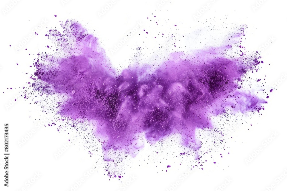 Dynamic explosion of purple chalk dust, vividly isolated on white