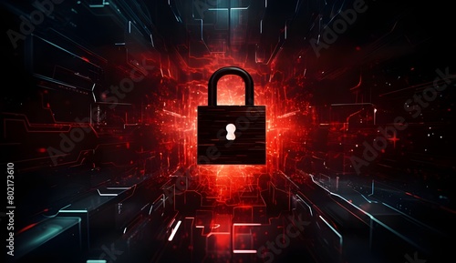 Digital red padlock icon on dark background with binary code and data flow cabinet, cyber security concept in the style of an encrypted digital system.