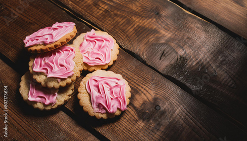 Freshly baked sugar cookies with pink frosting on wooden table. Tasty food. Delicious snack.