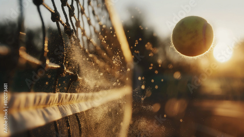 Tennis ball striking a net, creating a burst of particles in warm sunset light, capturing a dynamic and textured sports moment.