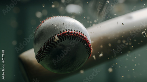 Impact moment captured between a baseball and bat, highlighting dynamic motion with visible debris and a dark green backdrop.