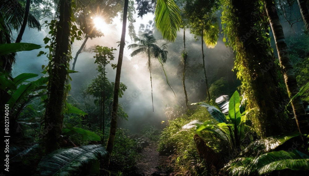 Humid tropical jungle with sun and fog around. Generated with AI