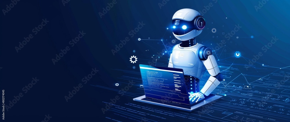 Artificial intelligence robot and laptop with code, screen and gears on ...