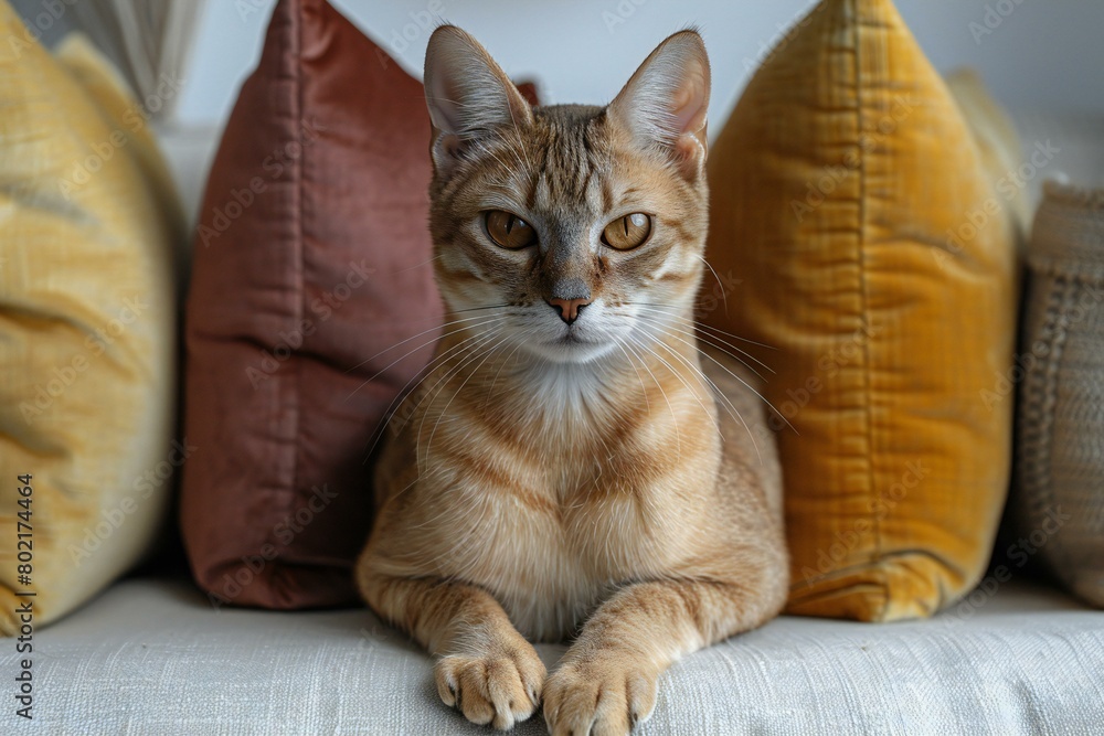 Beautiful ginger cat with pillow on sofa at home, closeup