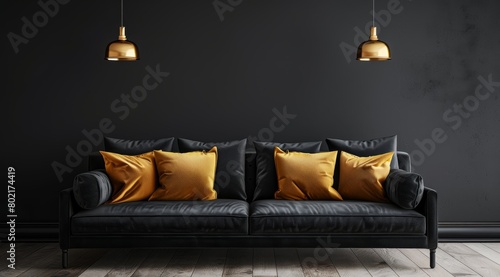 Black sofa with golden pillows against dark wall. Minimalist interior design of a modern living room, cinematic lighting, high resolution photography