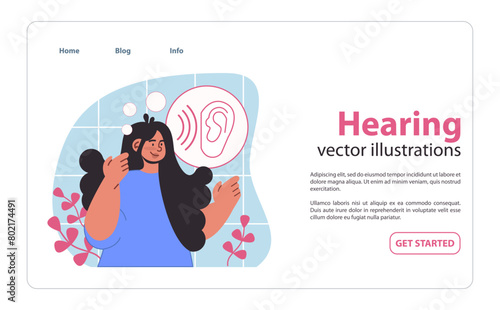 Hearing illustration. A joyful woman experiences the beauty of sound.