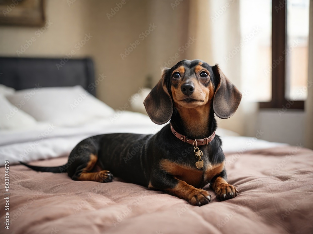 Dachshund dog enjoying a cozy nap in bed. Generated with AI