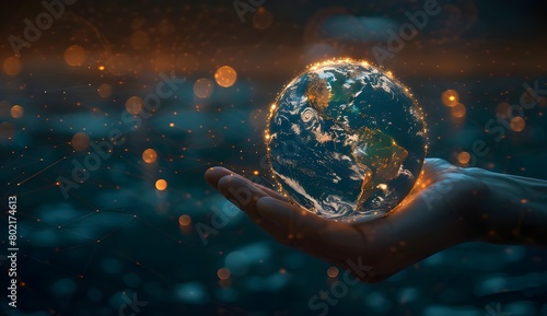 A hand holding the Earth with glowing data connections, symbolizing global connectivity and digital transformation in business. dark background