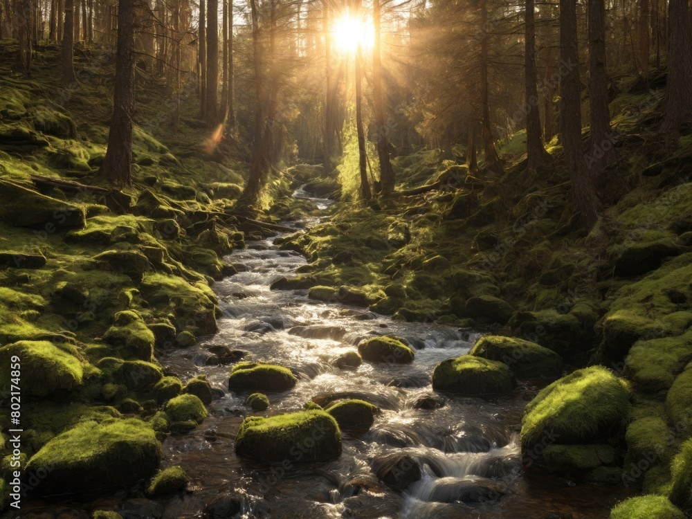 A stream in a green forest with the sun and sunrays. Generated with AI A stream in a green forest with the sun and sunrays. Generated with AI