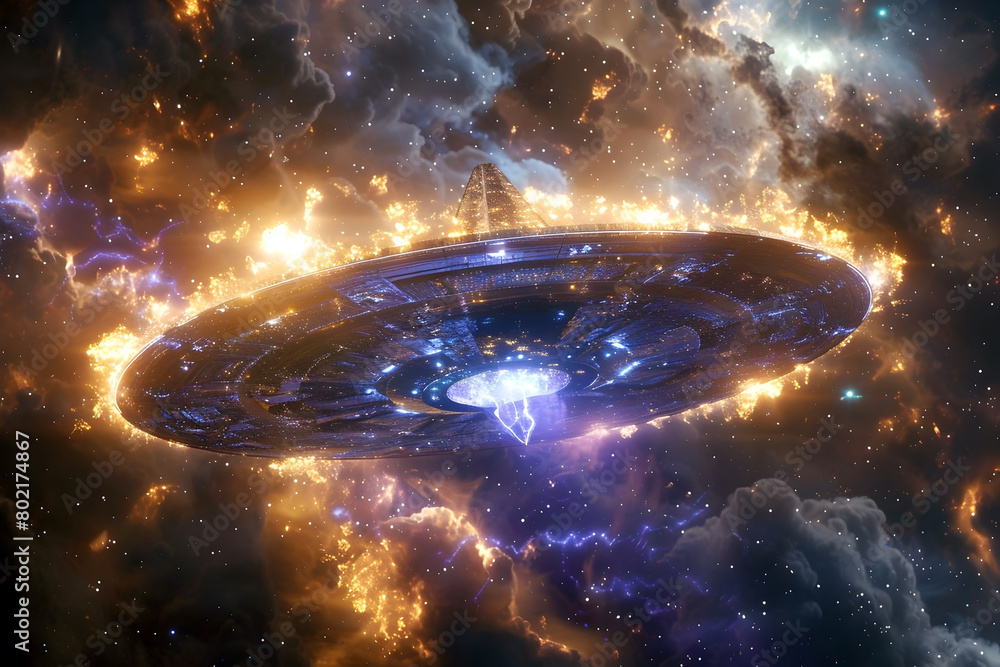 Obraz premium Celestial Entity Guiding a Spacecraft on a Perilous Interstellar Voyage Across the Cosmic Landscape