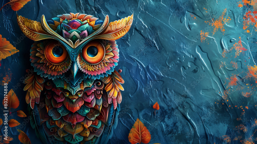 Colorful, detailed illustration of an owl, embellished with various patterns, against a textured blue background.